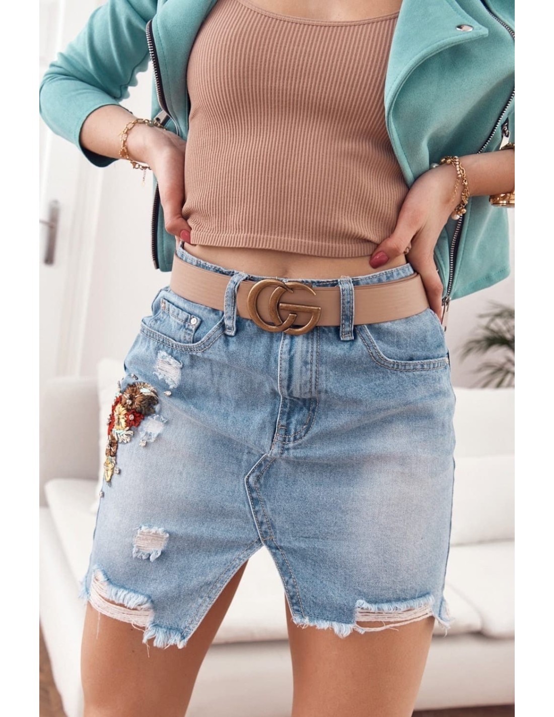 Denim mini skirt with embroidery 11120 - Online store - Boutique